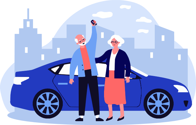 older people standing by a car